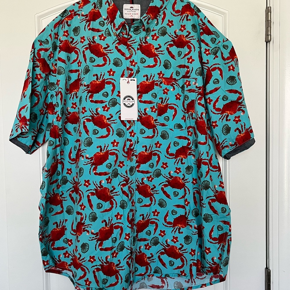 Ditch Plains Turquoise Short-Sleeve Button-Down Shirt with Red‎ Crab Print 3XL